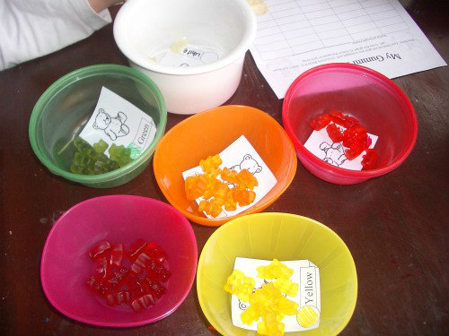 Coloured gummy bears in coloured bowls